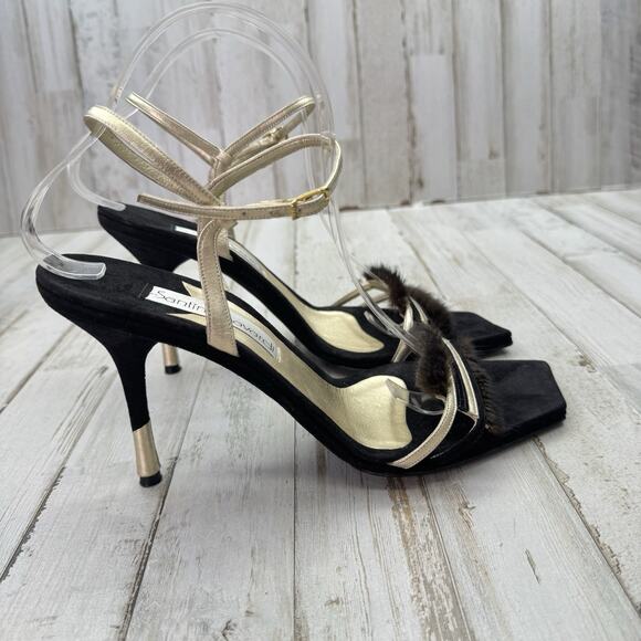 Santini Mavardi Black Suede Real Fur Trim Unique Gold Heels Designer Sz 40 US 9 - Picture 11 of 13